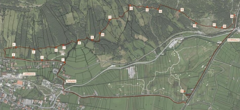 Gehele route van het hindernisparcours tussen Ehrwald en Lermoos